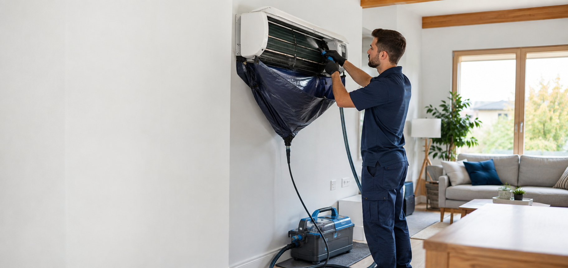 Technicien nettoyant une thermopompe murale avec un sac de lavage