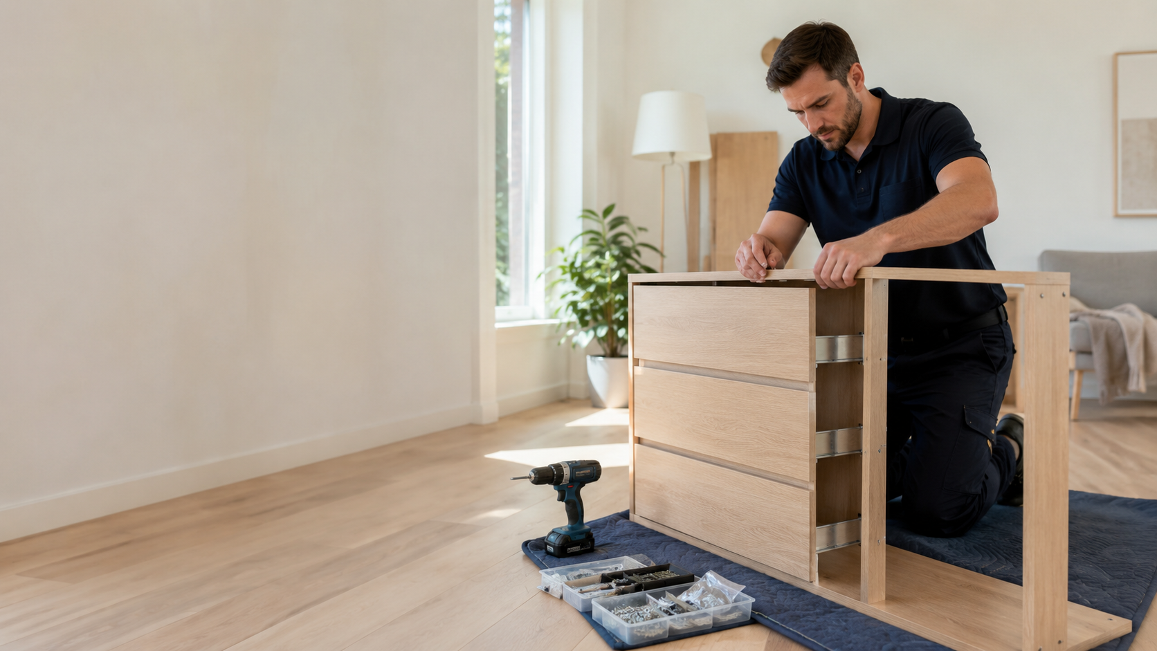 Technicien assemblant soigneusement un meuble à domicile